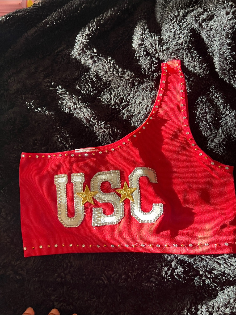 USC Red One-Shoulder Crop Top with Gold Embellishment
